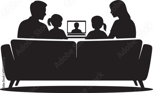 Family watching video call on laptop vector illustration on sofa set