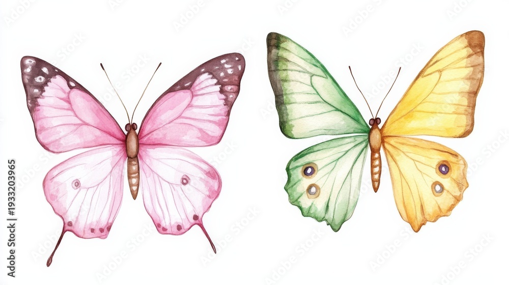 Fototapeta premium Bright butterflies in watercolor illustration on white background showing spring colors and designs