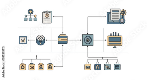 Complex system diagram illustrating various interconnected components and data flow in a technical environment from a top-down viewpoint