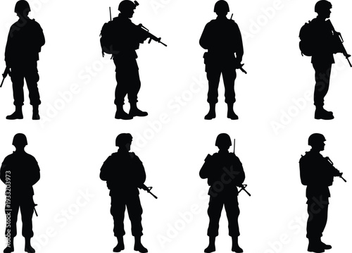 Set of eight soldier silhouettes in different stances, some with rifles, representing military personnel and combat readiness.