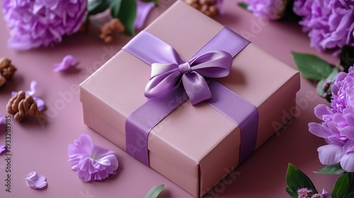 Gift Box With Purple Ribbon Surrounded by Flowers on a Pink Surface