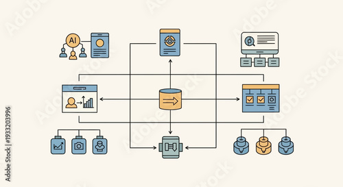 A complex flowchart illustrating data processing and user interaction on a digital platform from a top-down viewpoint