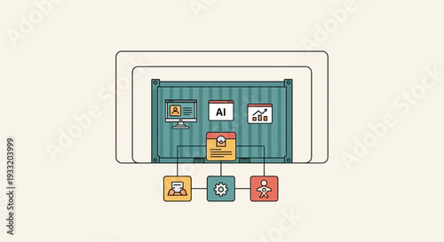 A digital illustration of a shipping container with various icons and symbols emerging from it, representing data transfer and digital workflow.