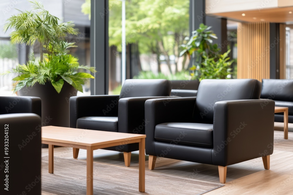 Fototapeta premium Contemporary Lounge Area Featuring Stylish Black Chairs and Natural Light