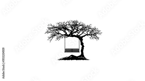 Nostalgic Tree Swing Silhouette Illustration, Black and White Graphic of an Old Tree with a Rustic Hanging Seat, Childhood Memory Symbol