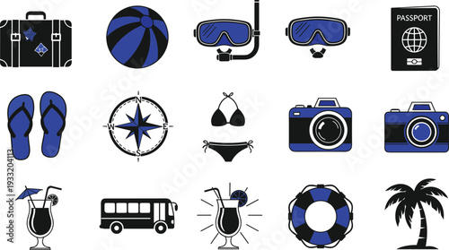 Travel and Summer Vacation Icon Set with Beach Accessories, Passport, Camera, Bus and Tropical Elements Vector Collection