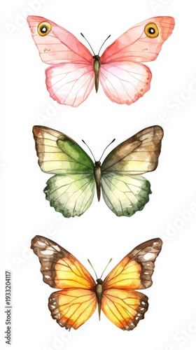 Colorful butterflies in watercolor showcasing pink, green, and yellow designs on a bright white background
