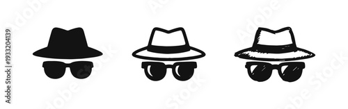 Incognito Secret Agent Icons Set - Hat and Sunglasses in Solid, Outline, and Hand-Drawn Sketch Styles