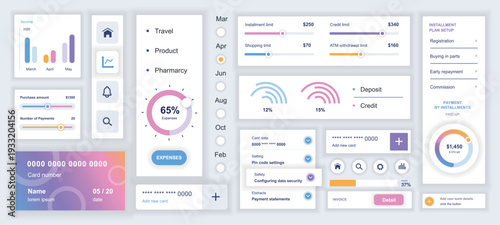 Data analysis mobile app template with user interface elements. Bundle of UI, UX, GUI kit with finance income, graph statistic, credit card, payment, amount, shopping limit, more. Vector illustration.