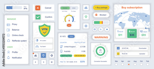 Cyber security mobile app template with user interface elements. Bundle of UI, UX, GUI kit with proxy, vpn, online profile, location, speed, download, upload, statistic, more. Vector illustration.
