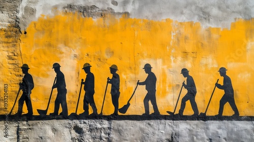 Street Art Shows Workers in Black Silhouettes Walking Against a Yellow Wall i...