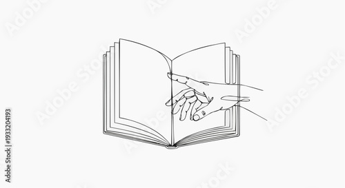 A minimalist vector illustration of an open book with a hand pointing to a page
