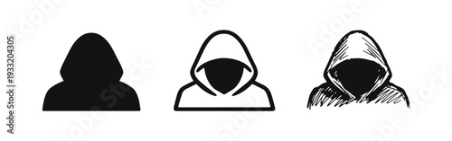 Hooded Figure Icon Set: Anonymous Person Silhouette, Outline, and Hand-Drawn Styles.
