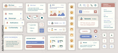 Messenger mobile app template with user interface elements. Bundle of UI, UX, GUI kit with online account, chat, call, message, post photo, friends list, statistic, emoji, more. Vector illustration.