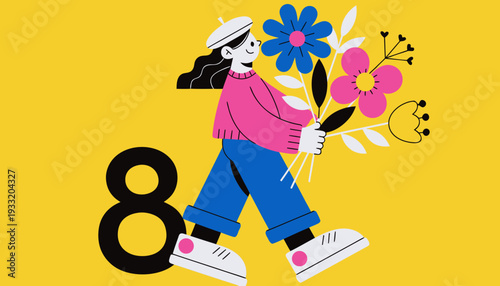 Young woman walking with bouquet of flowers on yellow background  