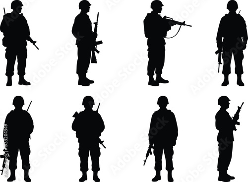Eight black silhouettes of soldiers in uniform with rifles, illustrating military figures and combat readiness.