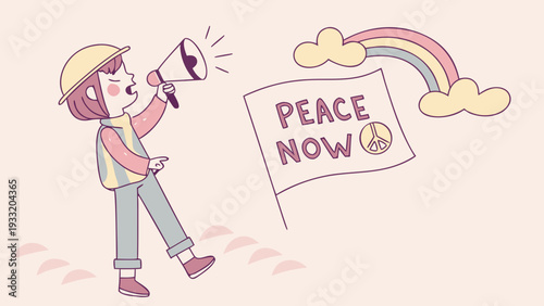 Child smiling with megaphone saying “Peace Now.”