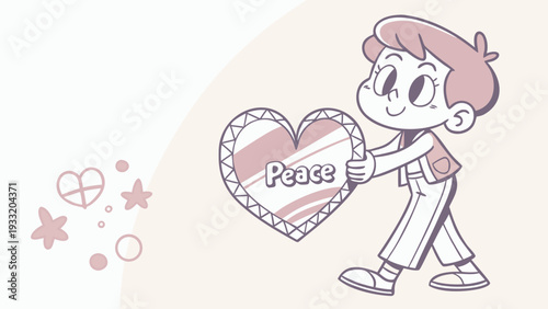 Boy holding a heart-shaped sign with the word "peace" written on it.