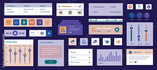 Music mobile app template with user interface elements. Bundle of UI, UX, GUI kit with online streaming, equalizer player, video, sound, song playlist, entertainment, trend, more. Vector illustration.