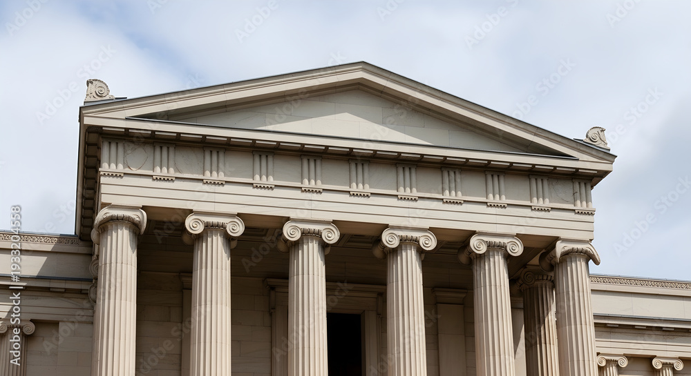 Fototapeta premium A grand neoclassical building facade with six tall columns and a triangular pediment viewed from below under a cloudy sky