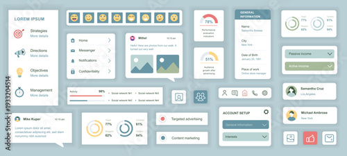 Social media mobile app template with user interface elements. Bundle of UI, UX, GUI kit with online profile, messenger, activity data, post strategy, target advertising, more. Vector illustration.