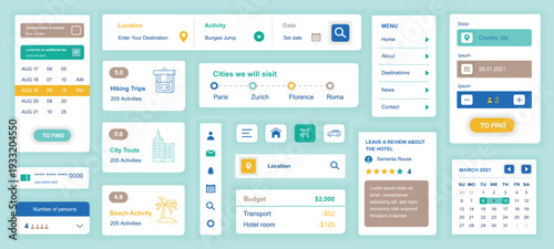 Travel agency mobile app template with user interface elements. Bundle of UI, UX, GUI kit with calendar date, search destination, trip, city tour, transportation, hotel, more. Vector illustration.