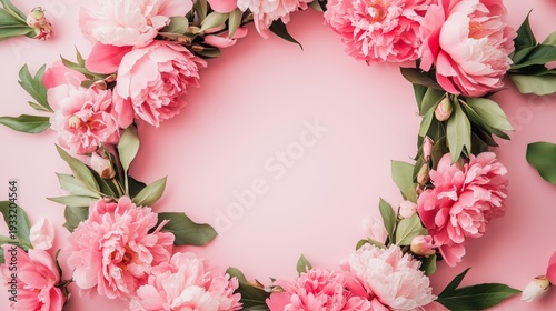 Pink Flower Wreath on a Light Background With Green Leaves Arranged in a Circ...