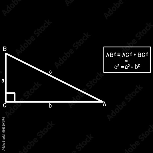 Right triangle geometry diagram.Pythagorean theorem formula,white line drawing on black background.for math textbooks, classroom materials, educational posters, geometry lessons, algebra presentations