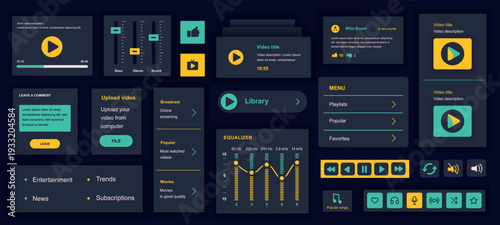 Video tube mobile app template with user interface elements. Bundle of UI, UX, GUI kit with player setting, online broadcast, movies streaming, comment, subscription, menu, more. Vector illustration.
