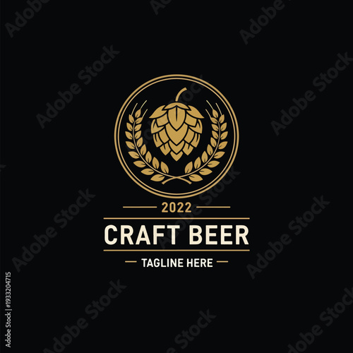 Elegant vintage craft beer emblem design with hop and wheat for beverage branding