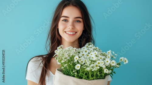 Girl Holds Flowers While Smiling in Front of Blue Background During Daylight