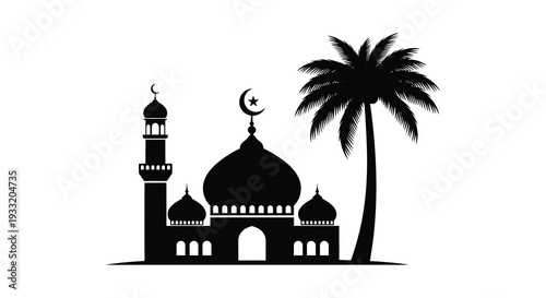 A striking black silhouette depicts a mosque a palm tree and a crescent moon evoking islamic themes silhouette