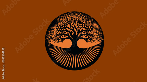 Stylized Tree of Life graphic illustration in a circular design on a warm orange-brown background, symbolizing growth and nature