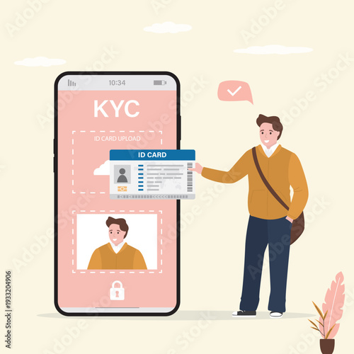 KYC, Know Your Customer. Profile identity symbol on mobile phone. Male user uploading id card, photo and video files for personal identification. Technology of KYC