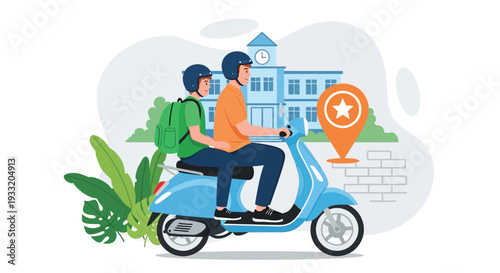 Delivery man riding blue scooter with passenger wearing helmets on city street background with location pin and school building for food or parcel transport app