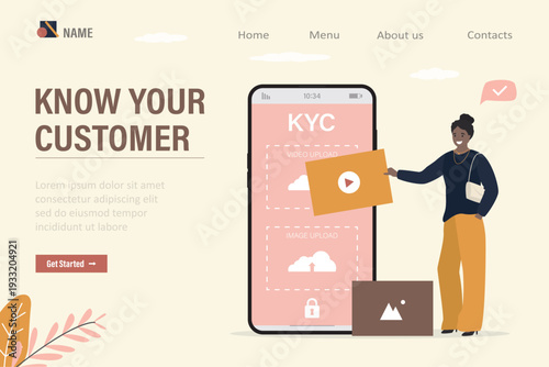 KYC, Know Your Customer. Profile identity symbol on mobile phone. Smart woman user uploading photo and video files for personal identification.
