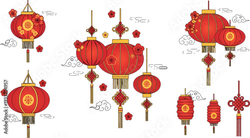 Traditional red Chinese lantern isolated on white background with vintage gold ornaments and transparent glass bottle light for a holiday Christmas celebration