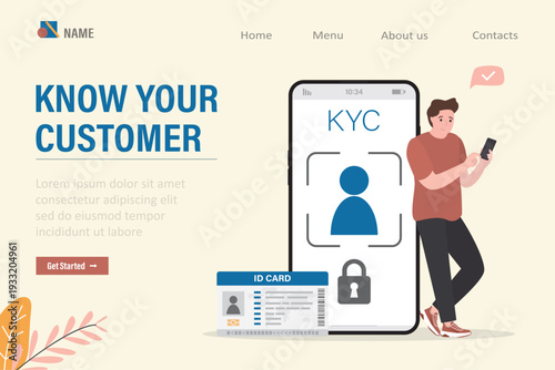 KYC, Know Your Customer. Profile identity symbol on mobile phone. Smart man user uploading photo and video files for personal identification. Technology of KYC Verification