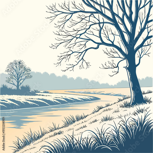 Bare trees beside calm river in winter landscape grass