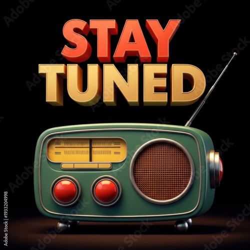 Vintage retro radio receiver with antenna broadcasting stay tuned message in bold 3d rendered illustration style