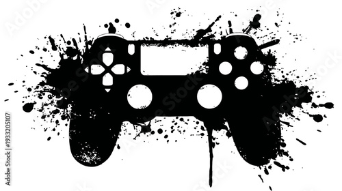 Grunge style video game controller silhouette with black ink splatters on a white background, concept for gaming and e-sports.