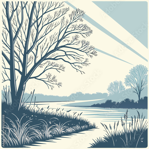 Winter landscape with bare trees and frosty lake shore