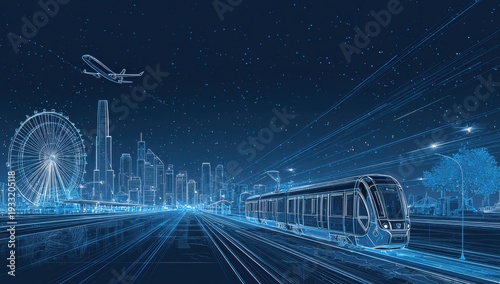 Urban Blueprint: A visionary blueprint of a modern cityscape, showcasing a network of advanced transportation systems, from a sleek train to an airplane, under a starlit night. 