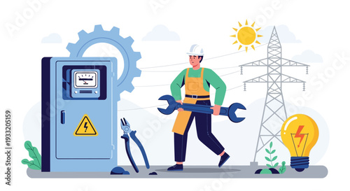 Electrical engineer holding large wrench standing next to power control box and high voltage tower for maintenance and energy infrastructure repair illustration