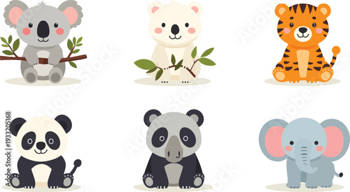 Cartoon animal faces vector illustration with koala polar bear tiger panda elephant design for children education and decoration