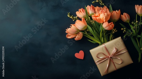 Pink Roses and a Gift Box on a Dark Surface for a Special Occasion or Celebra...