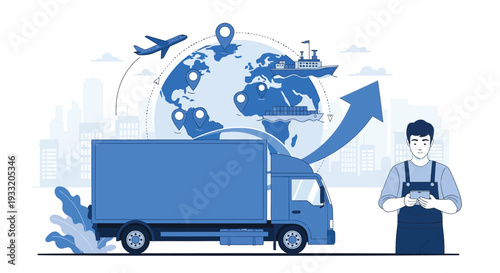 Logistics manager checking shipment details on smartphone with blue delivery truck and world globe showing global transportation routes for international shipping