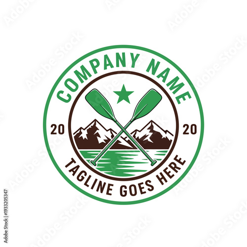 Outdoor Adventure Badge Emblem with Crossed Paddles, Mountain Landscape, and Lake