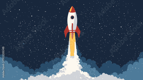 Space rocket launching at night with fiery exhaust, symbolizing new business startup success, innovation, progress, and ambition.