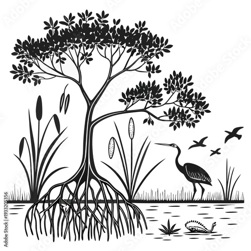Black and white mangrove wetland scene with heron and fish